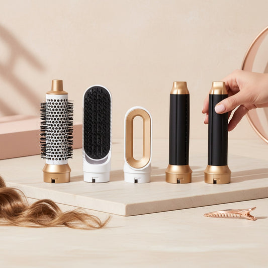 Arya Lush 5-in-1 hair styling tool with five interchangeable white and gold attachments on a beige surface.