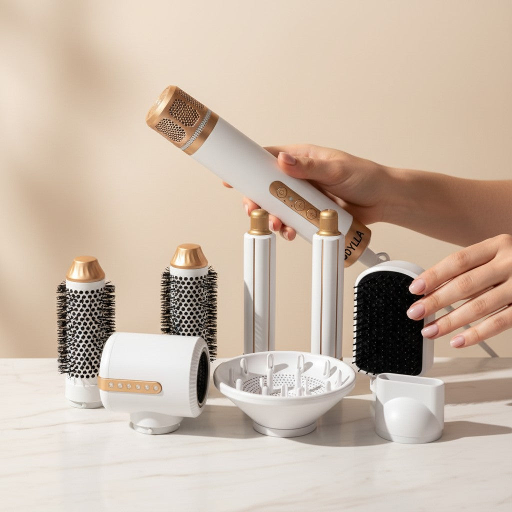 Arya Lush 7-in-1 professional hair dryer brush set in white and gold with interchangeable styling attachments