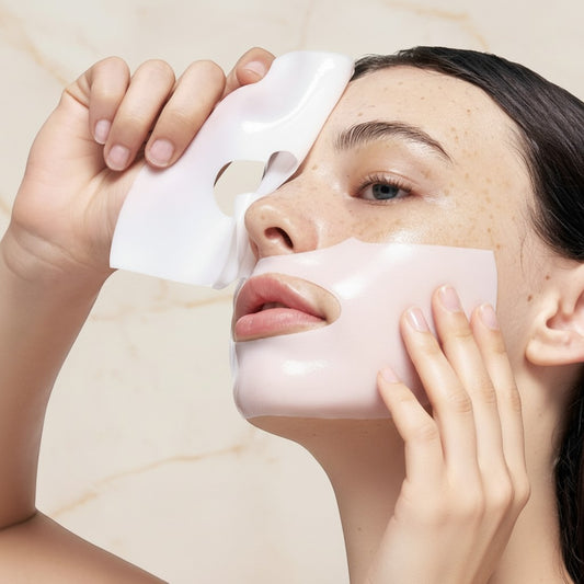 Arya Lush collagen sheet mask being applied to a woman's face for skin plumping and hydration
