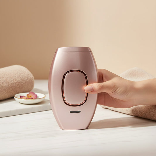 Arya Lush rose gold IPL hair removal device held in hand on a marble surface with a towel in the background