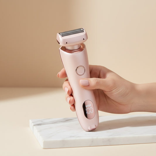 Arya Lush rechargeable lady shaver in rose gold with a pivoting head and digital battery display held in a hand.